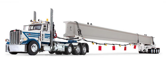1/64 scale Peterbilt® Model 389 Day Cab & ERMC 4-Axle Hydra-Steer Trailer with Bridge Beam Section Load white/blue