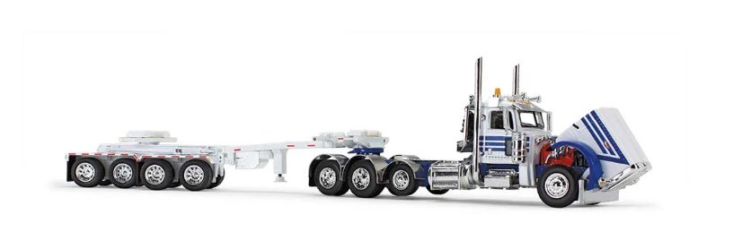 1/64 scale Peterbilt® Model 389 Day Cab & ERMC 4-Axle Hydra-Steer Trailer with Bridge Beam Section Load white/blue