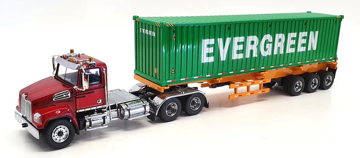 1/50 Western Star 4700 Red with Yellow Skeletal Trailer with Evergreen 40' DGC 71049